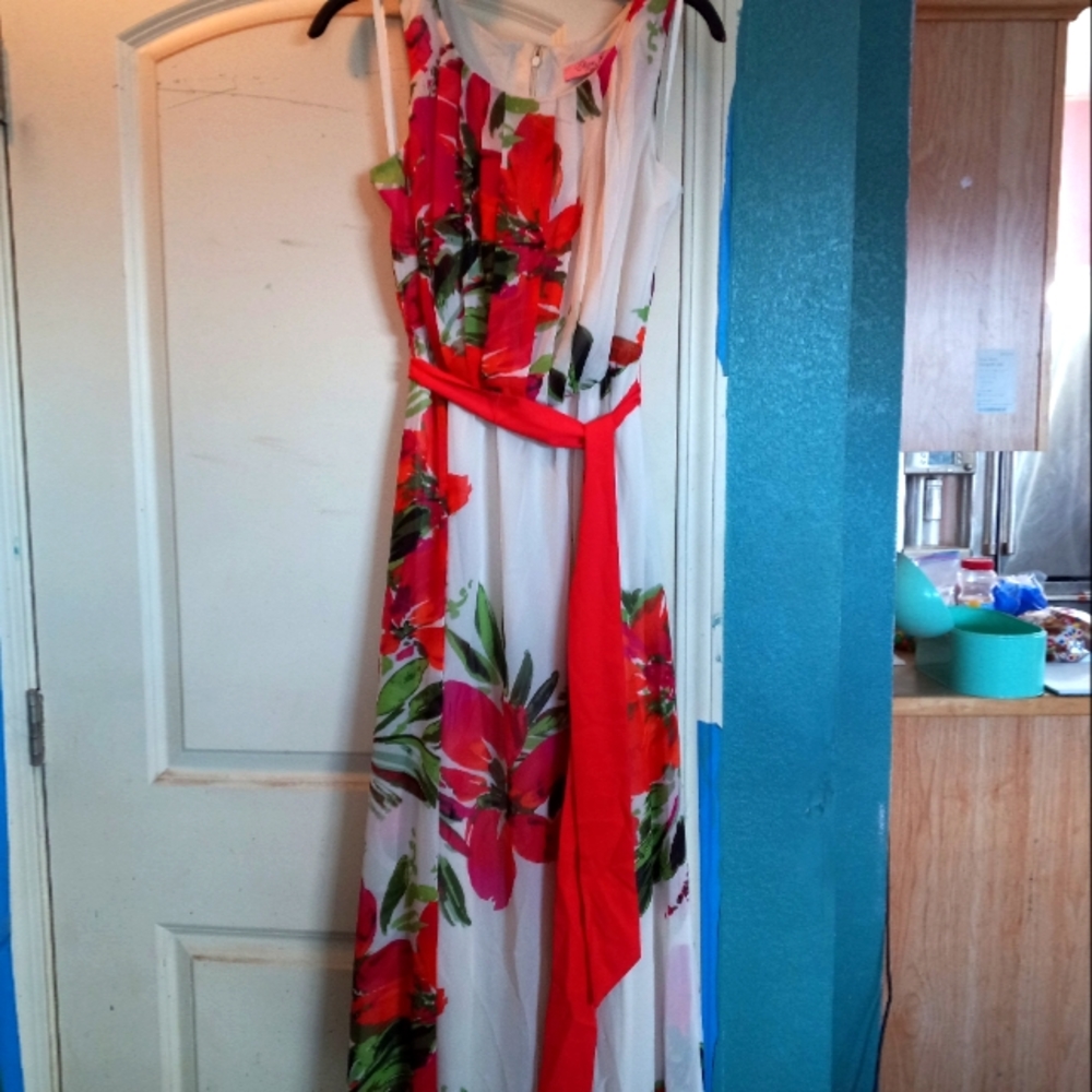 Eliza J White Maxi Dress with Red Floral Print and Red Sash Belt